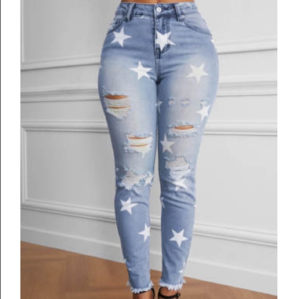 Ripped Star Print Mid Waist Jeans - Picture 2 of 2